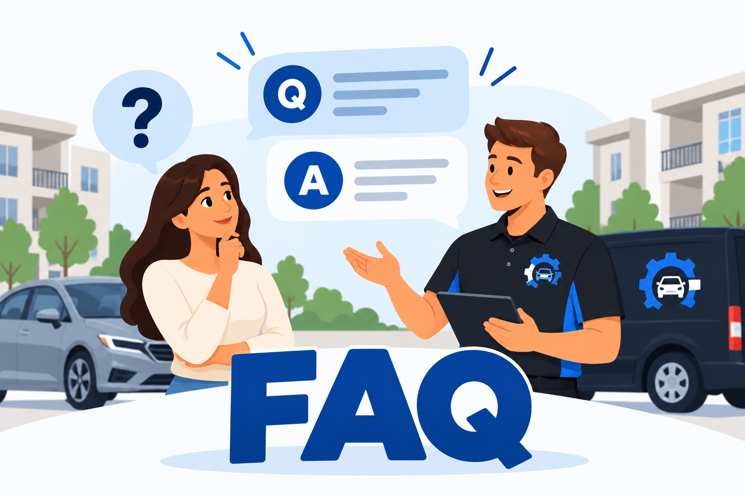 An illustrated scene of a woman and a man at an outdoor FAQ event. The woman has long brown hair and is thinking, touching her chin, while the man, wearing a black uniform with a gear and car logo, is explaining something, holding a tablet. Large blue letters 'F', 'A', and 'Q' are in front of them. Speech bubbles with question and answer icons are above, and a black van with a gear and car logo is behind.