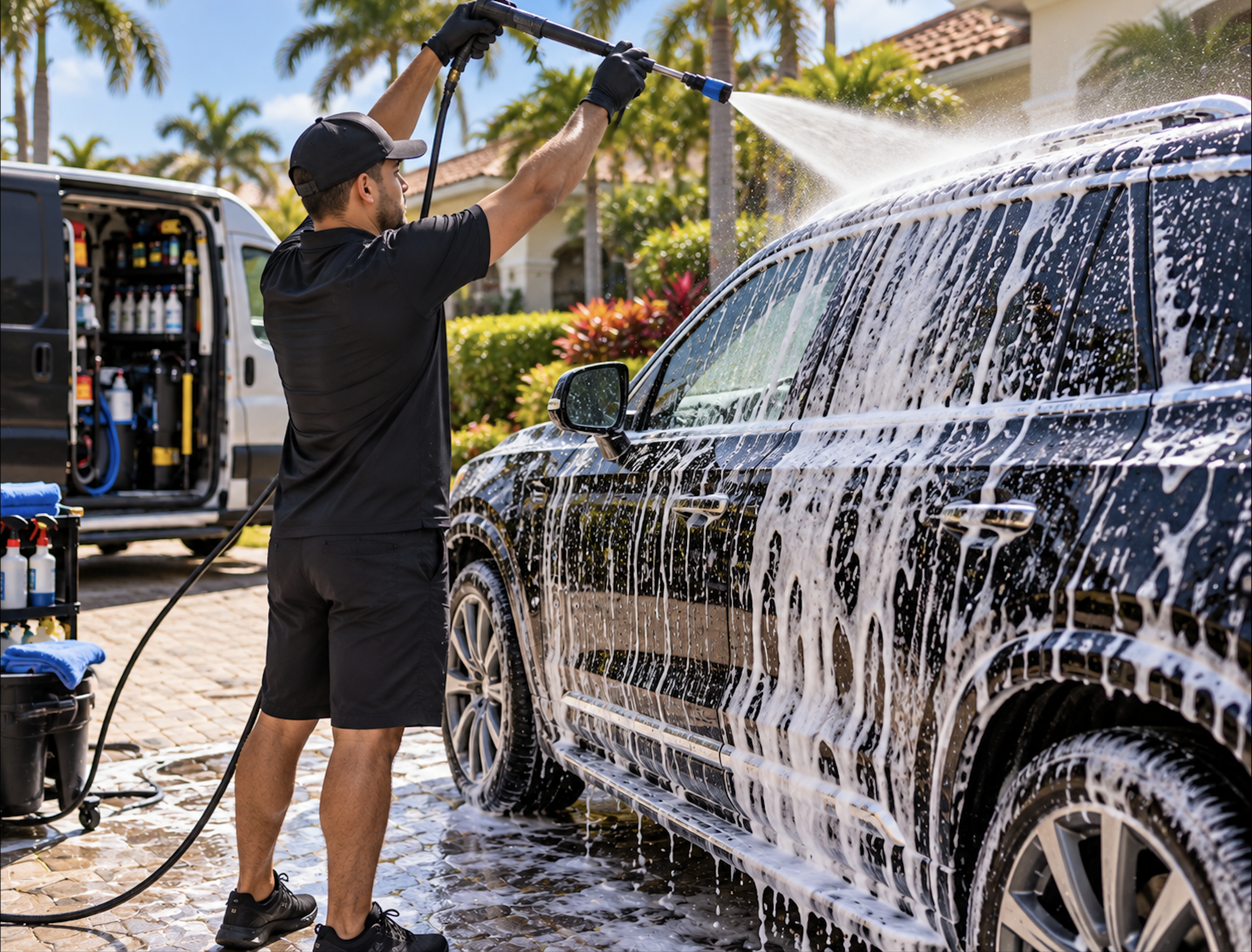 A man wearing black shorts, a black T-shirt, and a black cap is washing a black SUV with soap and a spray nozzle outdoors on a sunny day. There are palm trees and a house in the background, and a mobile wash station with cleaning supplies nearby.