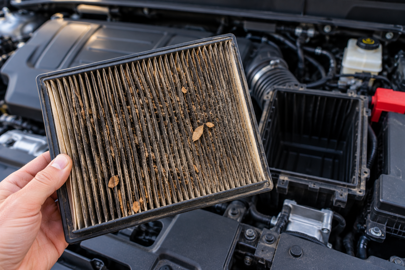 Person holding a dirty car air filter over the open engine compartment of a car.