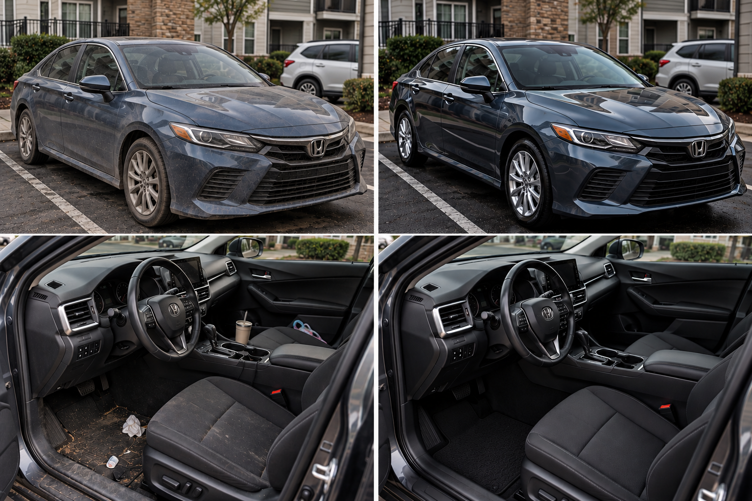 Comparison of a dirty and a clean Honda sedan, showing the outside and interior of both vehicles.