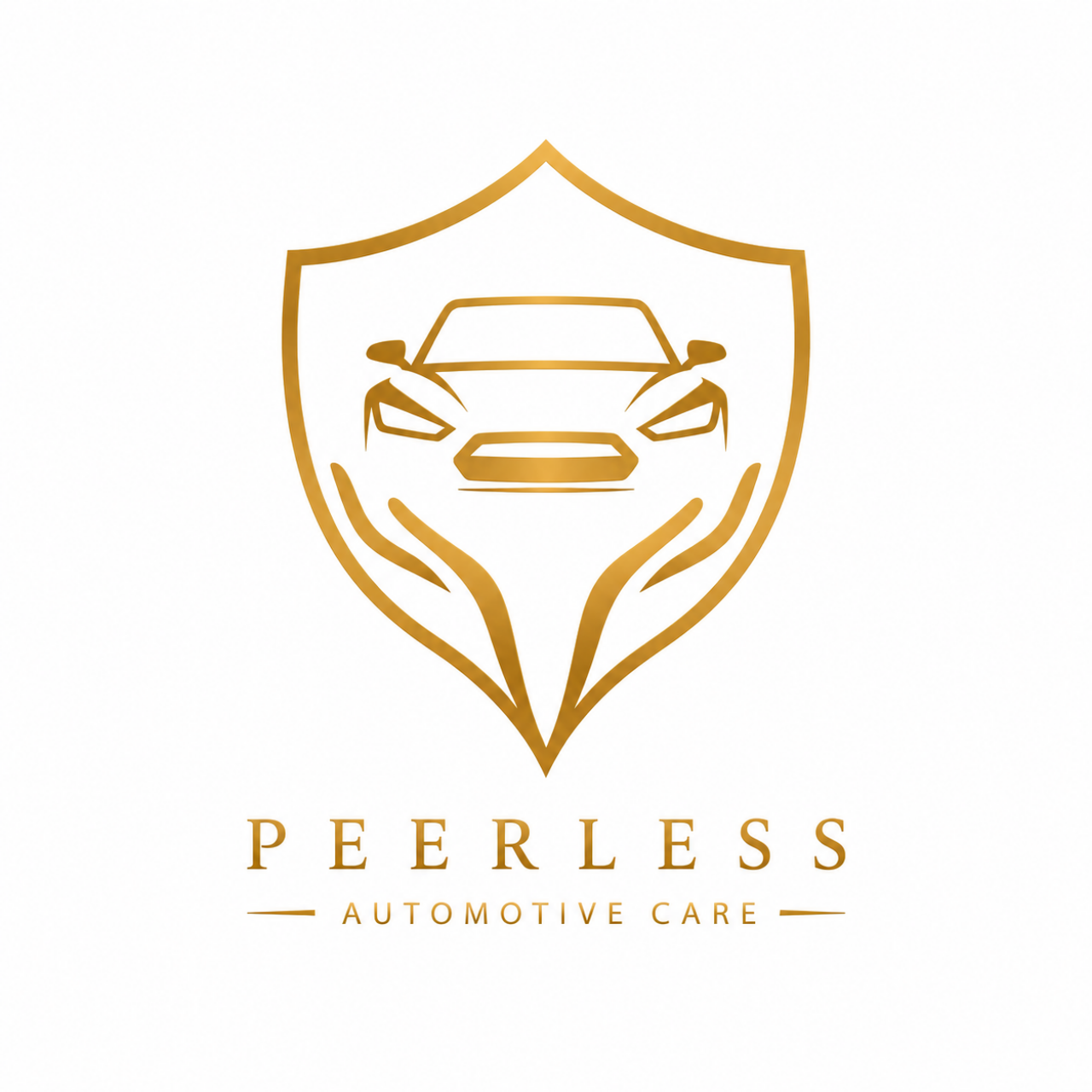 Gold outline of a shield with a car front view inside, hands at the bottom, and text 'PEERLESS AUTOMOTIVE CARE' beneath.