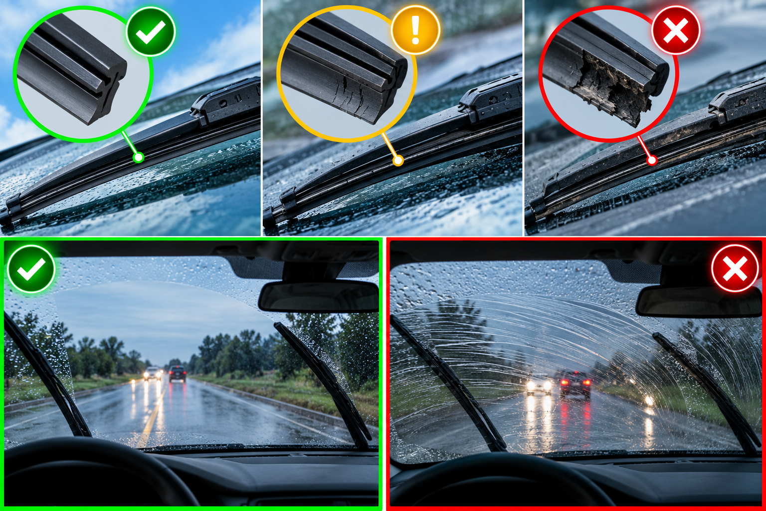 Comparison of windshield wipers: top row shows the wiper blade condition, with the first being good, the second worn out, and the third damaged; bottom row shows proper windshield wiper use: the left side is clear with good wipers, while the right side is streaked and damaged.