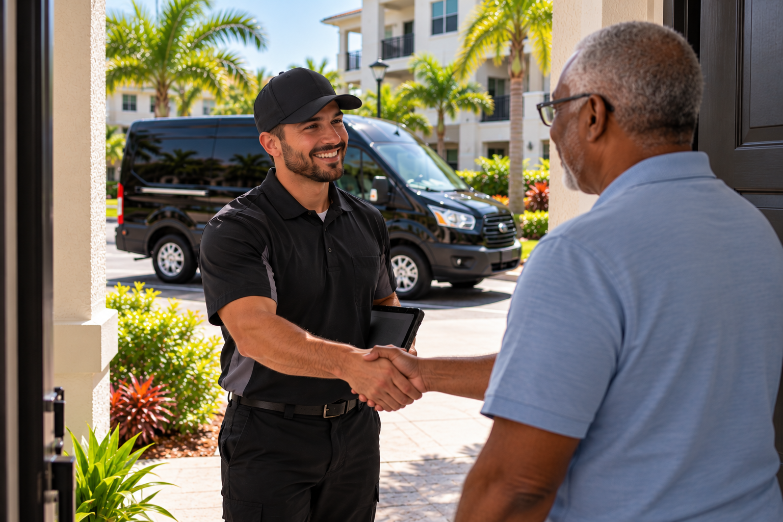 A delivery person in black uniform and cap shakes hands with an older man at his doorstep on a sunny day.