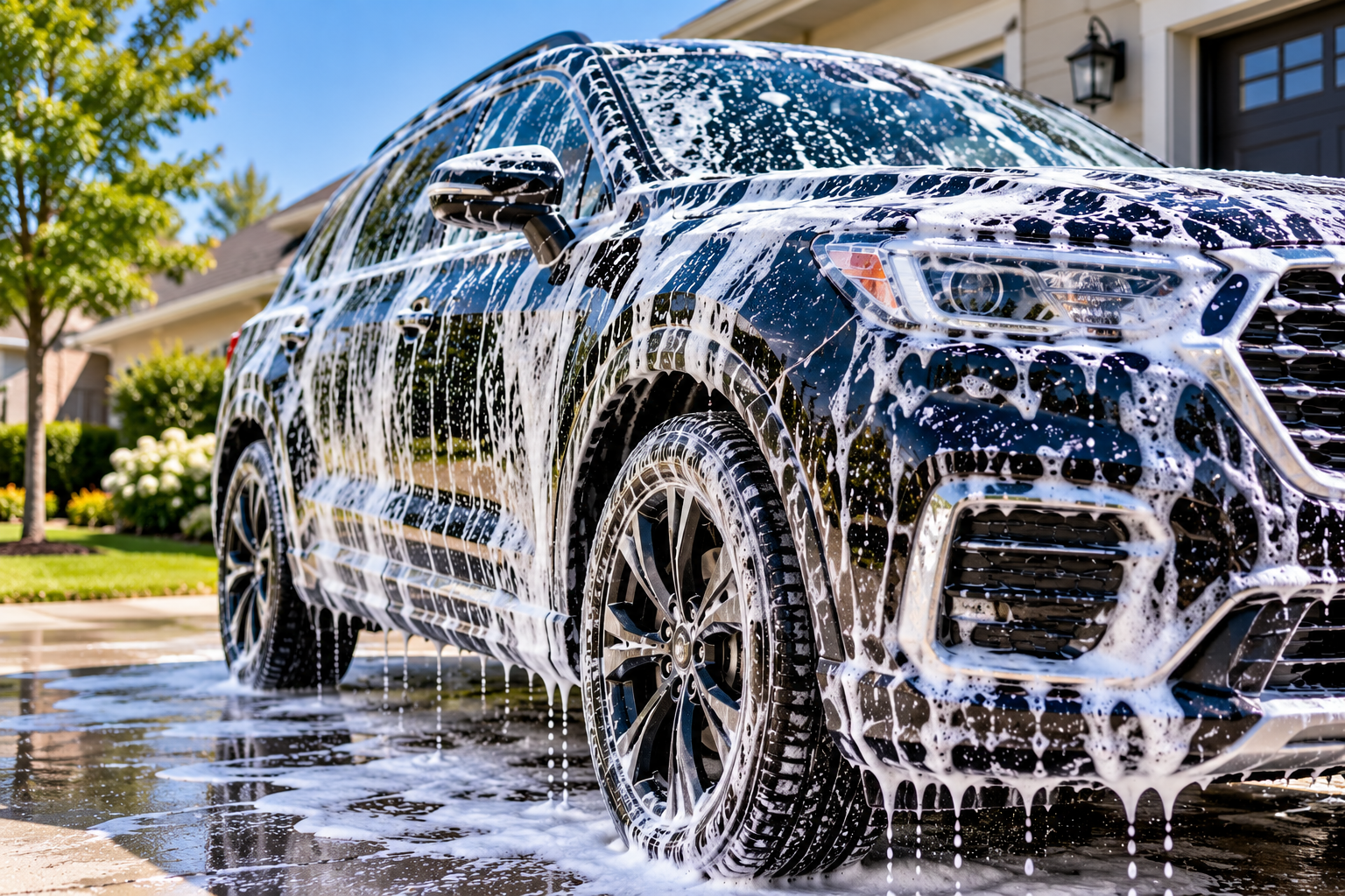 Black SUV covered in white soap suds during a wash in a residential driveway.