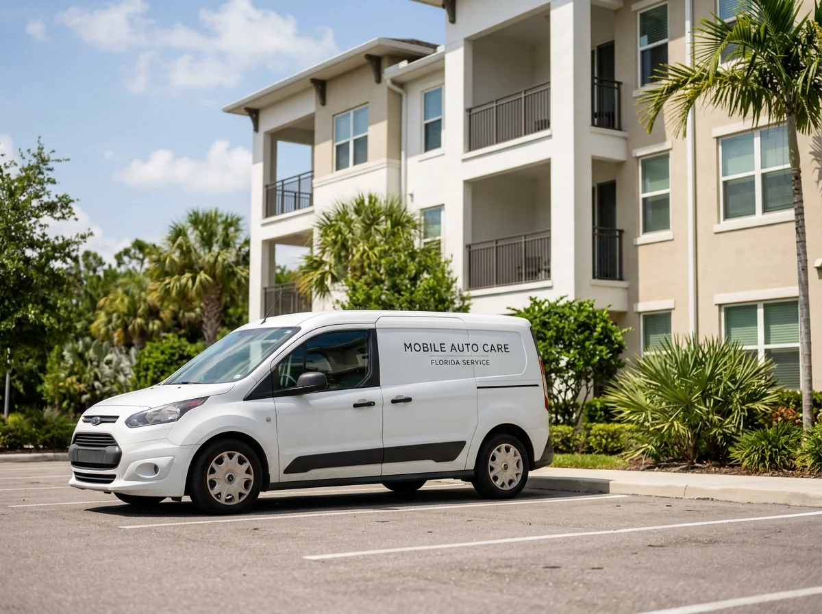 A white Ford van with the words 'Mobile Auto Care Florida Service' on the side, parked in an empty parking lot surrounded by palm trees and a modern apartment building.