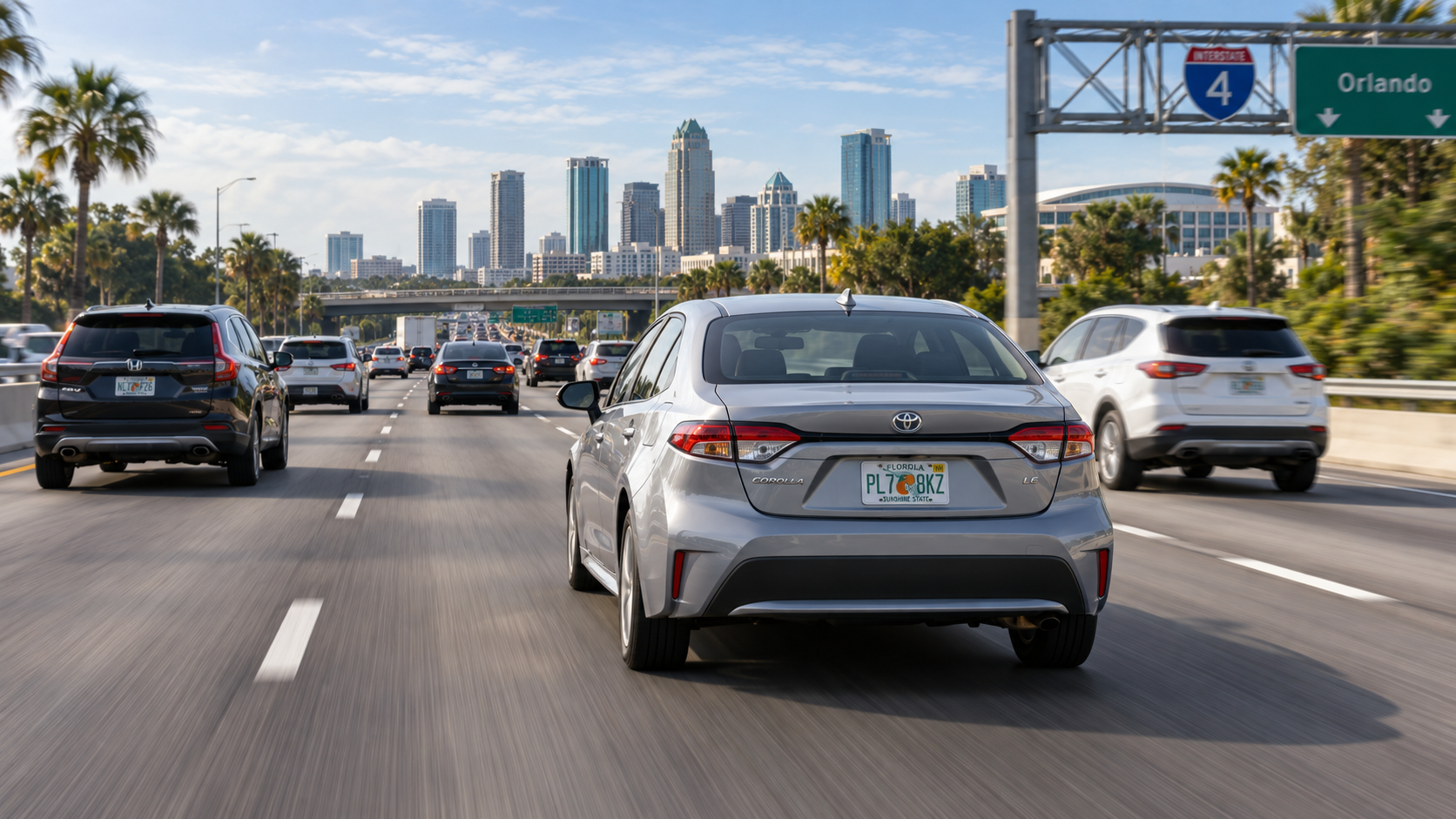 Traffic on a highway in downtown Orlando, Florida, with tall city buildings in the background and palm trees along the roadside.