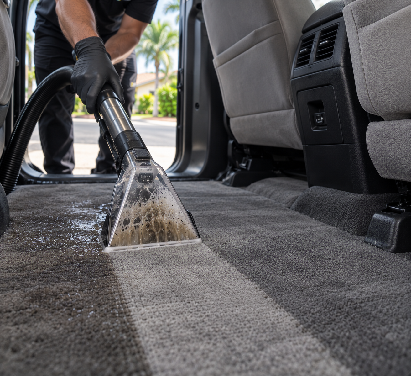 Person cleaning a car's interior carpet with a vacuum cleaner outside a vehicle, with palm trees in the background.
