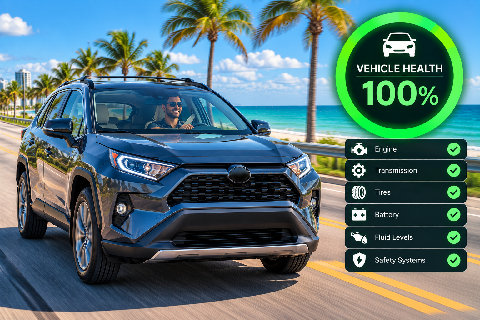 A man driving a blue SUV on a coastal road with palm trees and the ocean in the background. An overlay displays vehicle health at 100%, with checkmarks next to engine, transmission, tires, battery, fluid levels, and safety systems.