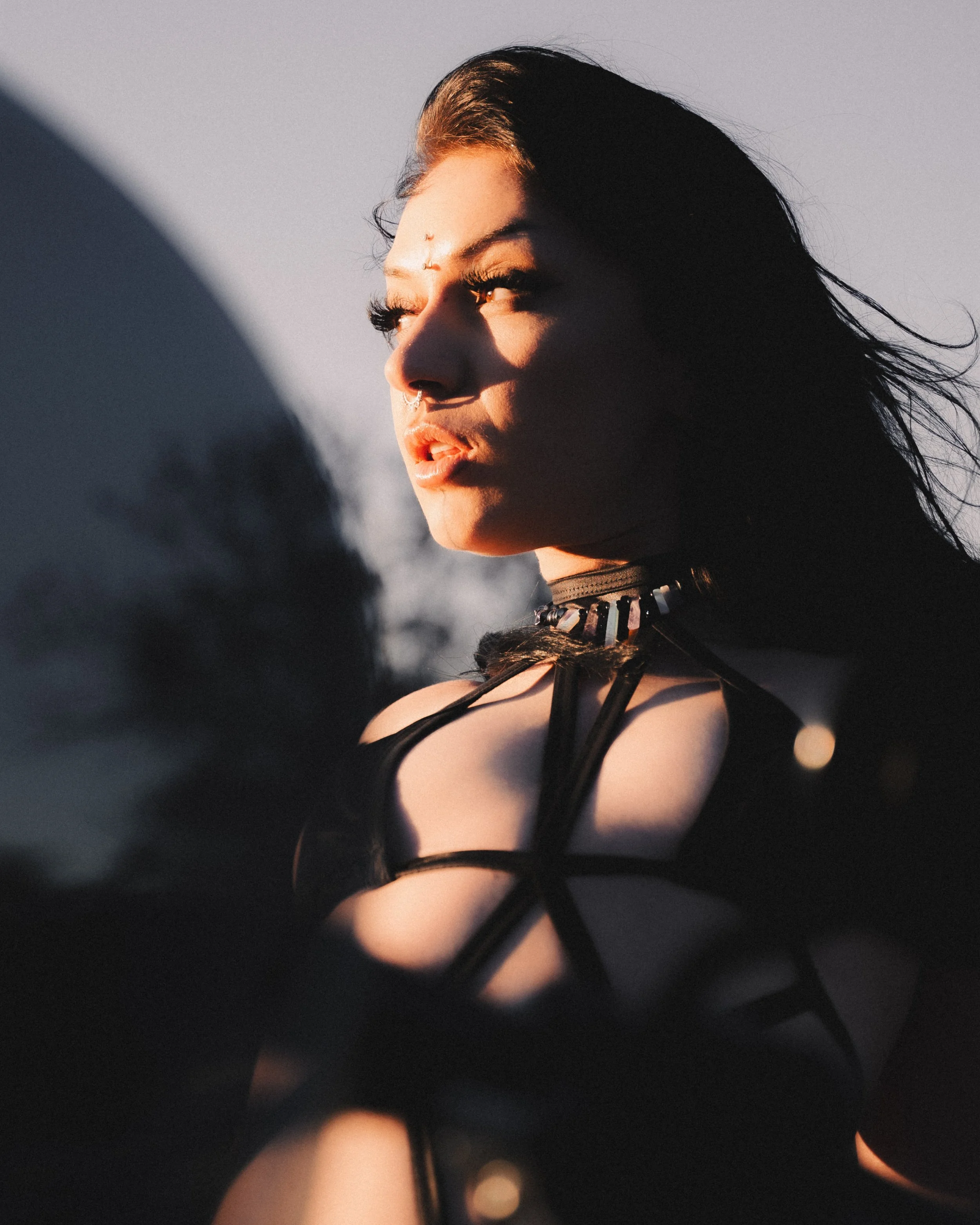 A young woman with long dark hair styled straight, wearing jewelry including a septum ring, eye jewelry, and layered necklaces. She is gazing into the distance, illuminated by warm sunlight, with soft light on her face and a blurred background.