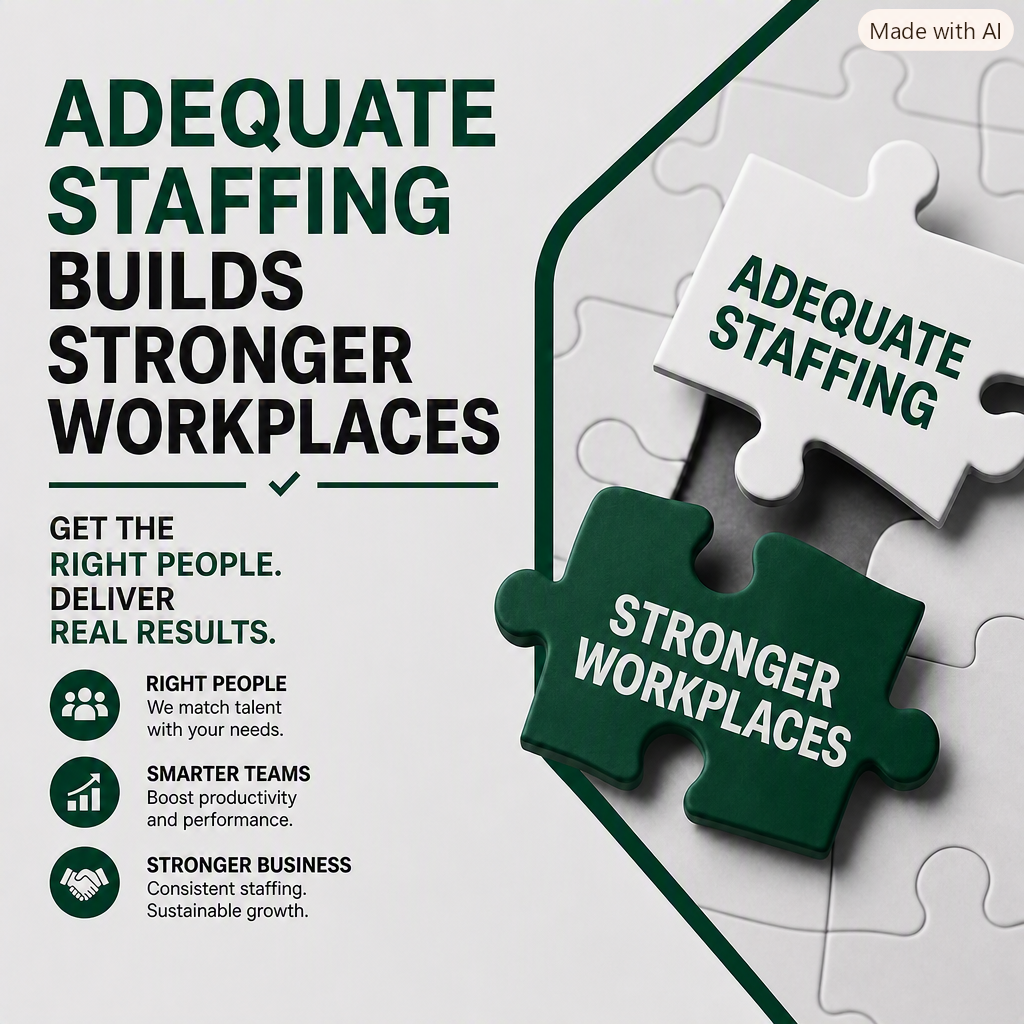 A promotional poster with large text that reads 'Adequate Staffing Builds Stronger Workplaces' and puzzle pieces with similar messages, including one labeled 'Stronger Workplaces'. The poster emphasizes the importance of right people, smarter teams, and stronger business for effective staffing and workplace improvement.