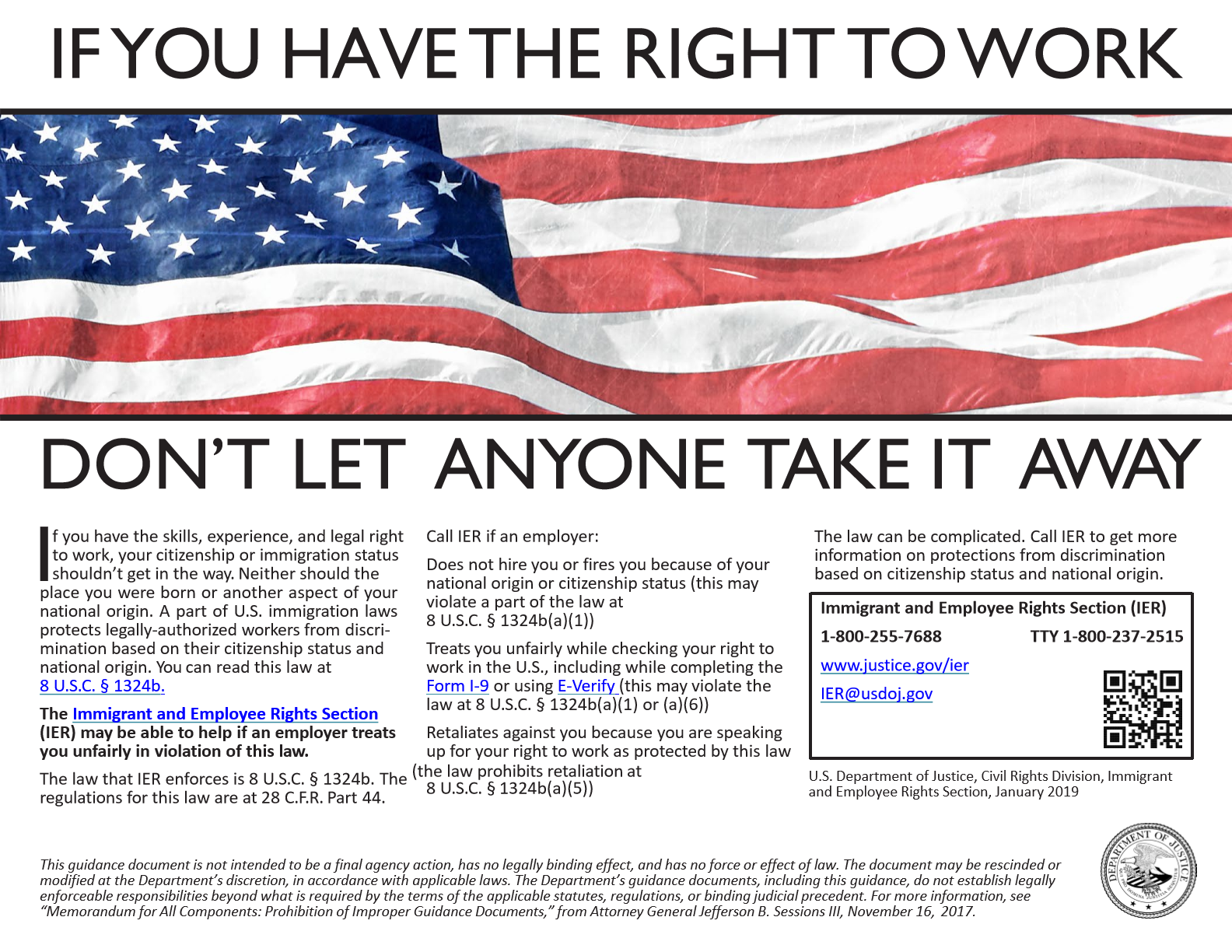 Poster with a waving American flag and text promoting immigrant and employee rights, encouraging people to report unfair treatment to the Immigration and Employee Rights Section (IER), including contact information and a QR code.