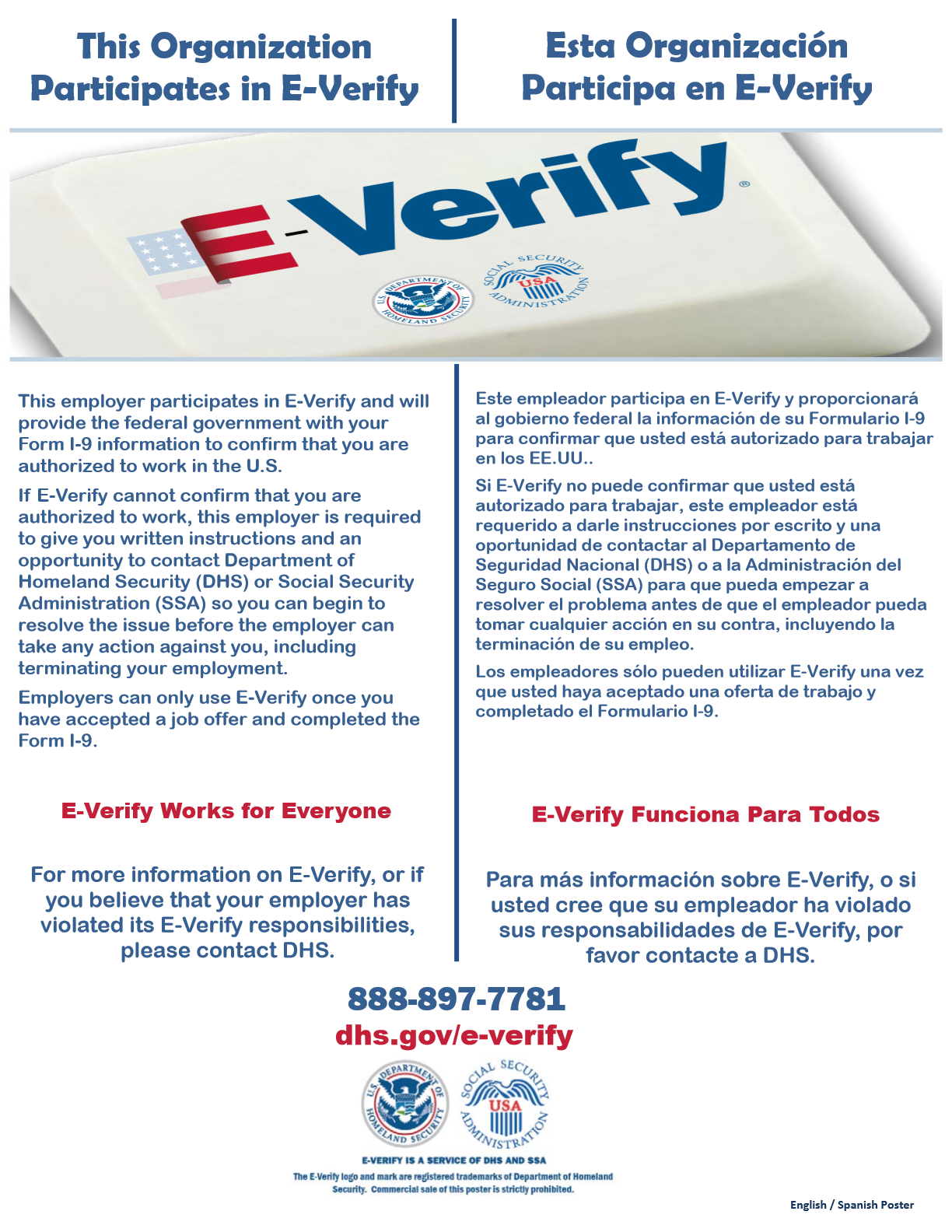 A bilingual informational flyer about E-Verify participation by organizations. The flyer includes headings in English and Spanish, the E-Verify logo with an American flag, contact information, and logos of the Department of Homeland Security and Social Security Administration.