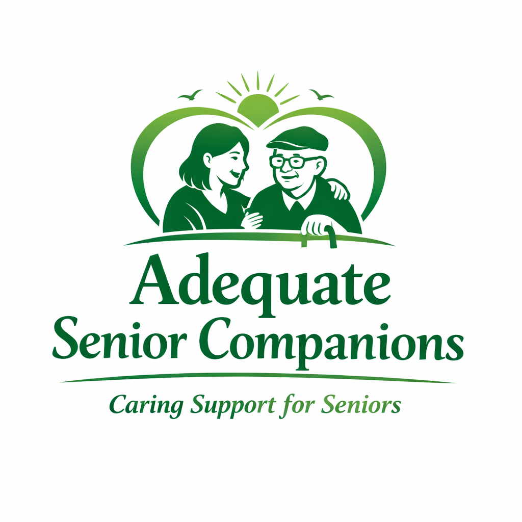Logo for Adequate Senior Companions featuring a senior man and a woman smiling at each other with a sun and birds in the background, and the text "Caring Support for Seniors."