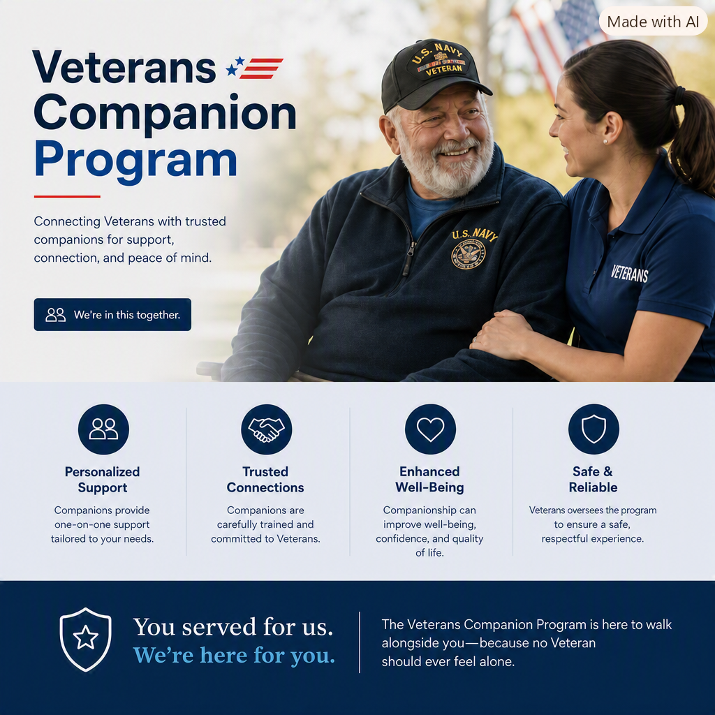 Poster advertising the Veterans Companion Program showing an older man and a young woman smiling at each other, with text highlighting support for veterans and icons representing personalized support, trusted connections, enhanced well-being, and safety.