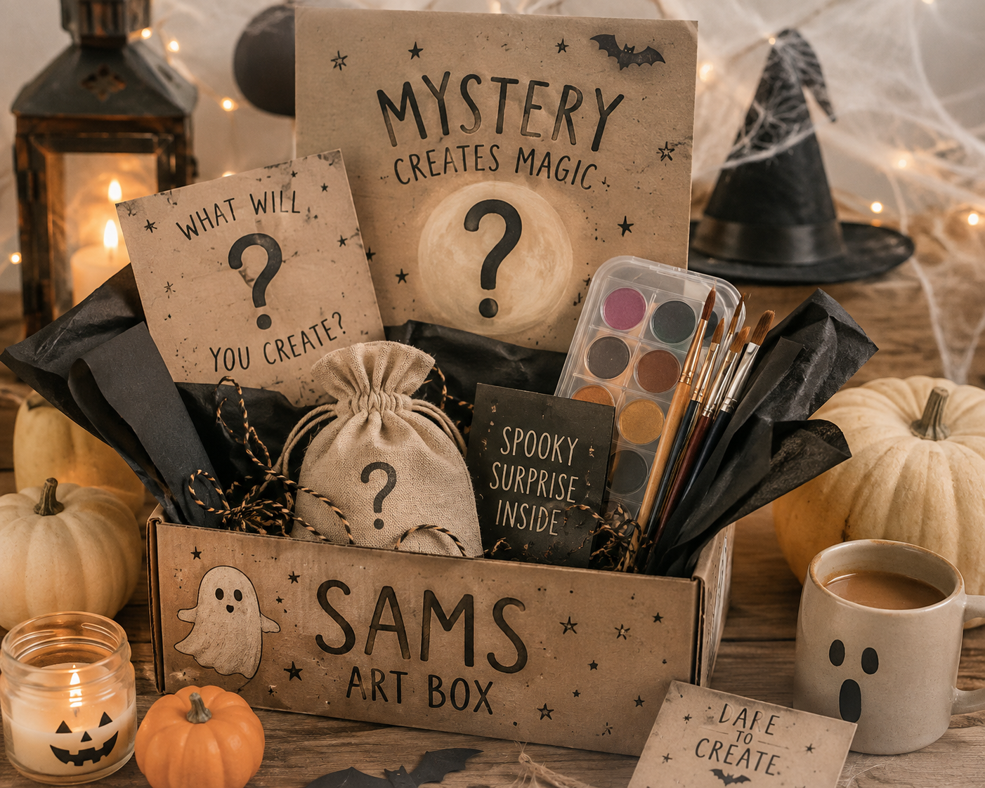 Halloween-themed art gift box with painting supplies, small pumpkins, a candle, and spooky decorations, including a witch hat and cobwebs, set on a wooden table.
