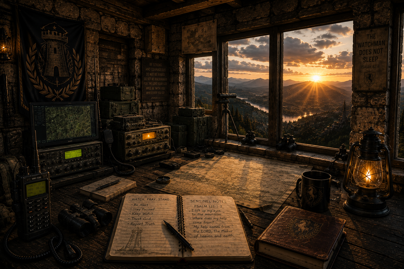 A mountain lookout with radio communication equipment, binoculars, a notebook with notes, a map, lanterns, and a coffee mug, overlooking a scenic view of mountains and a river at sunset.