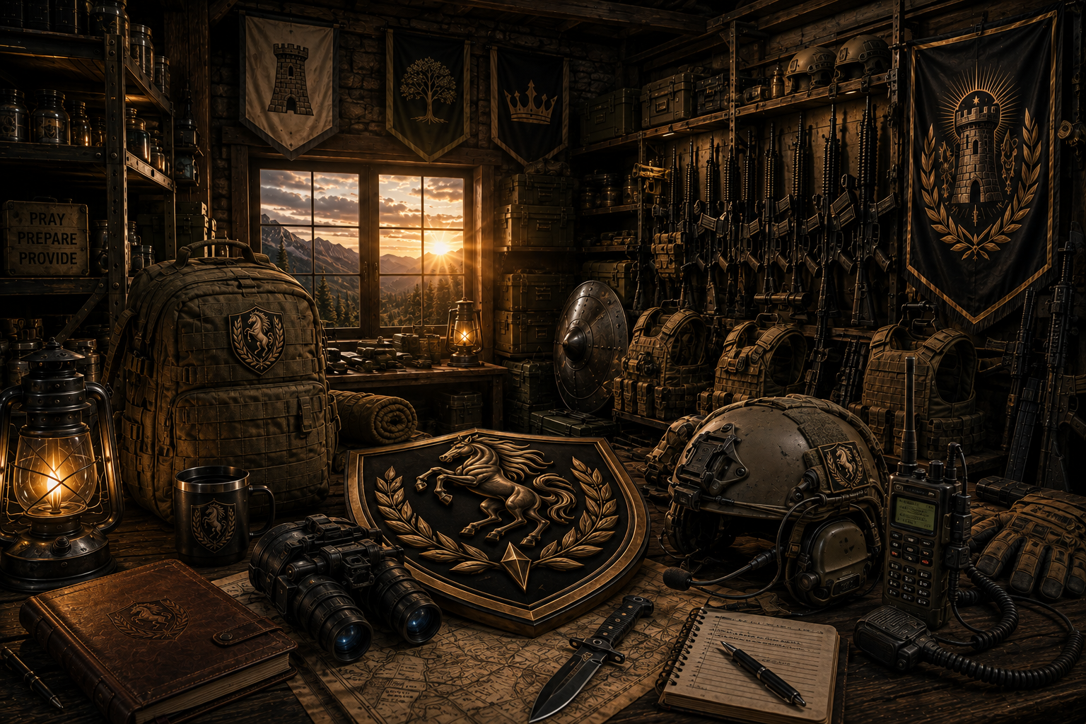 A military-themed room filled with tactical gear, flags, and equipment. The scene is illuminated by sunset light through a window, featuring mountains outside. Items include a backpack, shield, helmet, binoculars, radio, notebooks, and various weapons. The room displays banners with a tower, tree, and crown emblems, and military supplies are organized on shelves.