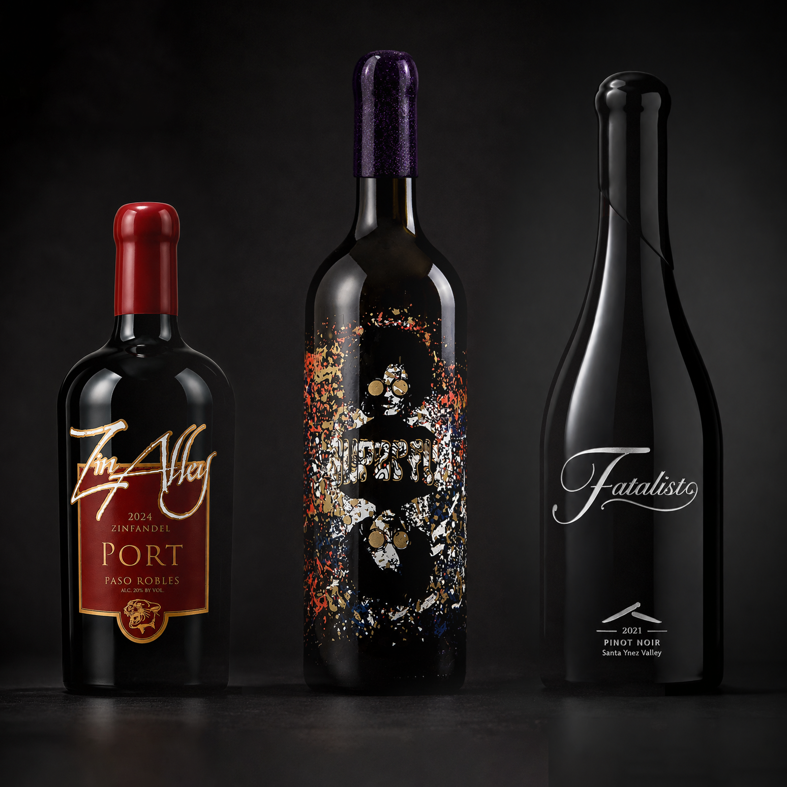 Three wine bottles against a black background with varied labels and designs.