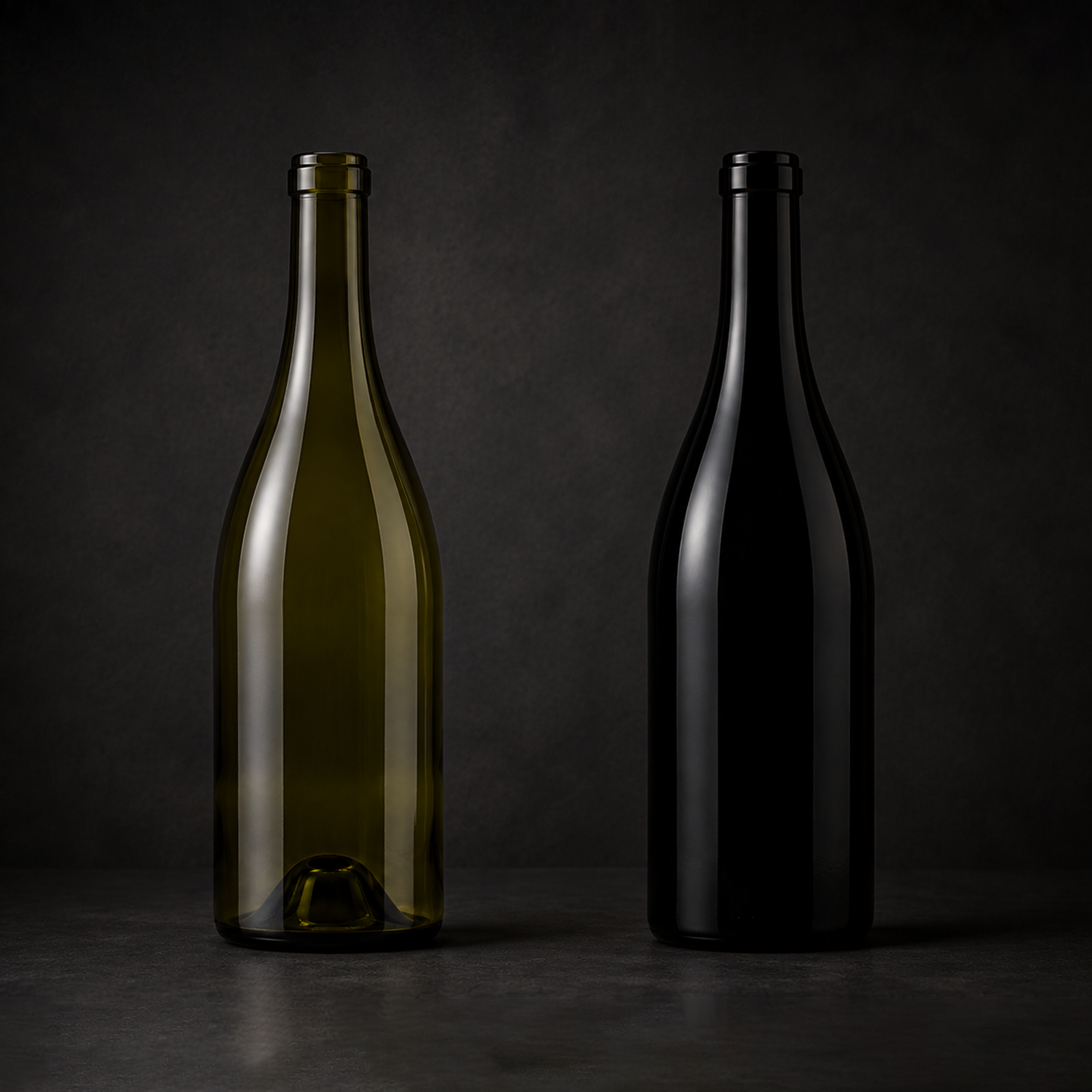 Two glass bottles, one green and one black, standing side by side against a dark background.