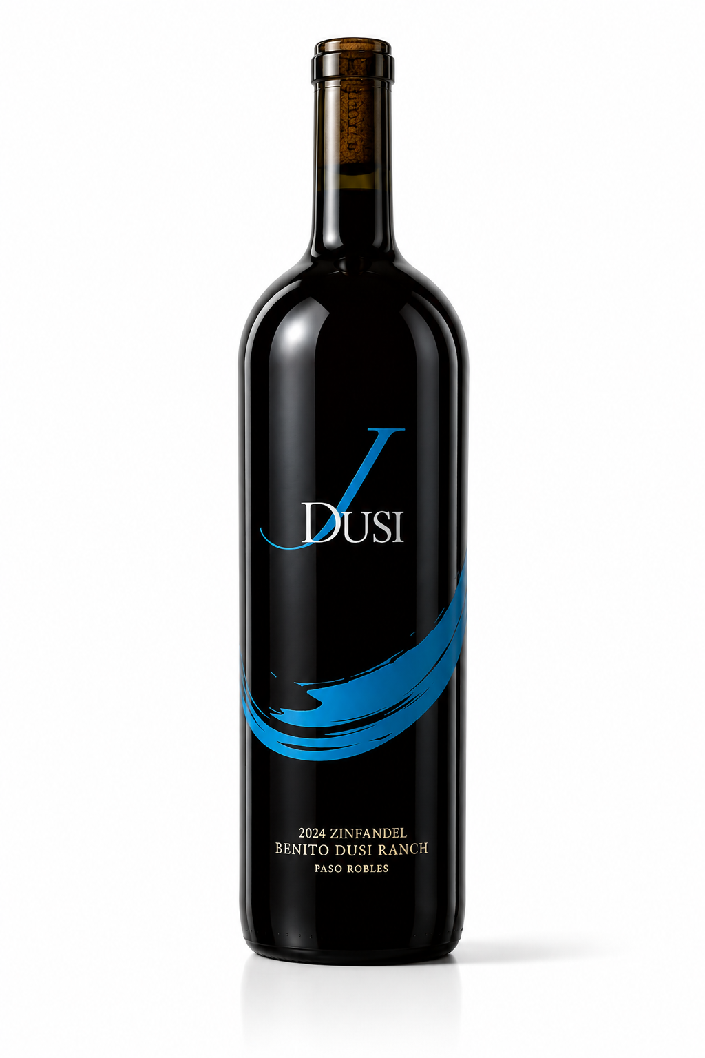 A black wine bottle with blue and white design, labeled 'Dusi', featuring the text '2024 Zinfandel Benito Dusi Ranch Paso Robles'.