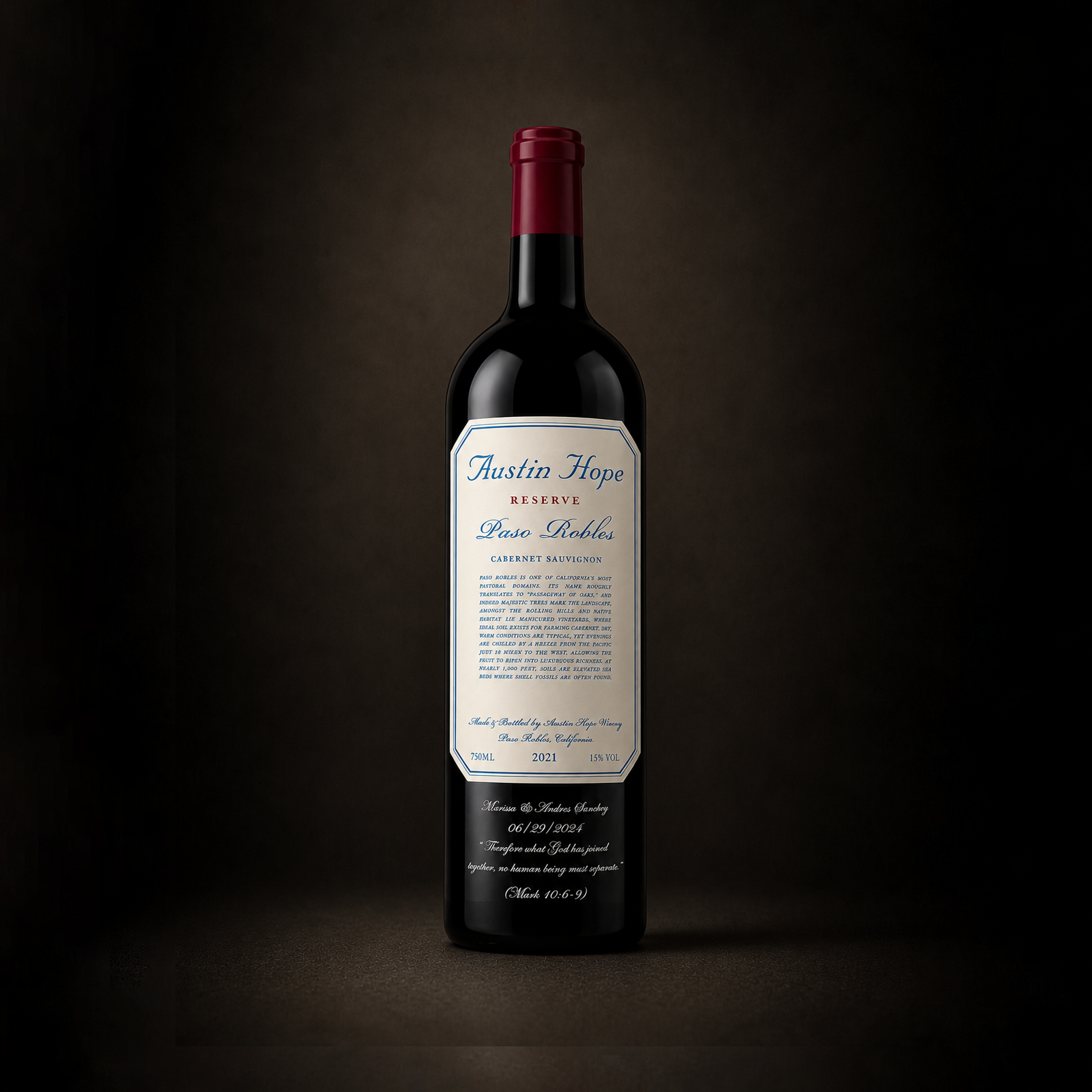 A bottle of Austin Hope Reserve Paso Robles Cabernet Sauvignon wine with a detailed label, dark background, and subtle spotlight highlighting the bottle.