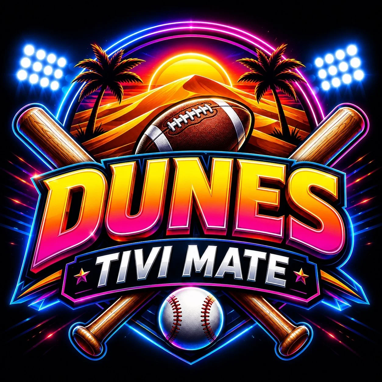 Colorful neon-style sports logo featuring a sunset over dunes, a football, two baseball bats, a baseball, and palm trees with the text 'Dunes Tivi Mate'.