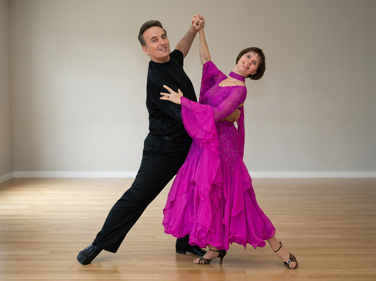 A man and woman dancing together in a dance pose, with the man in black and the woman in a bright pink dress, in a room with a wooden floor and plain wall.