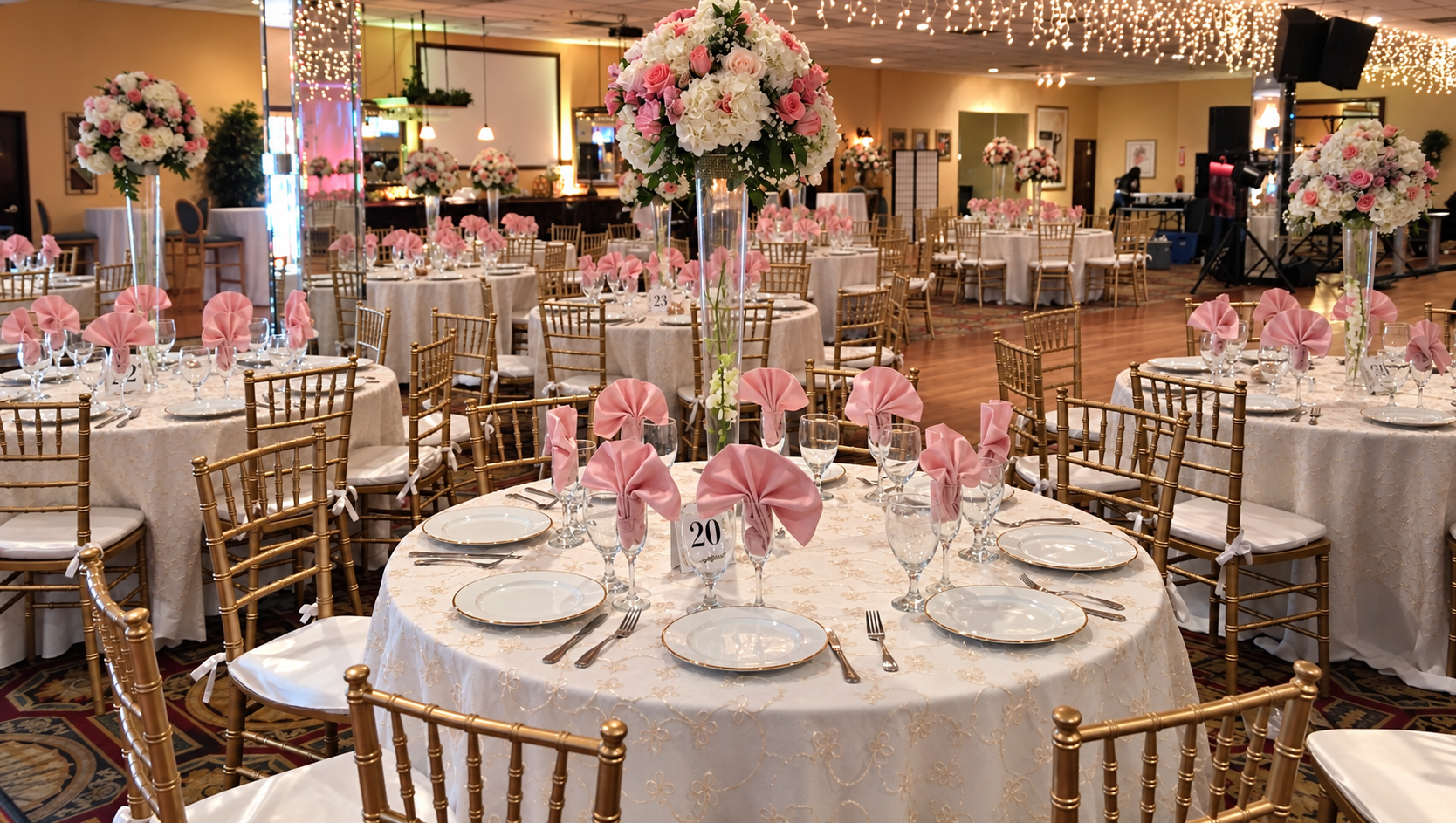 Elegant banquet hall decorated for a wedding or special event with round tables covered in white tablecloths, tall floral centerpieces with pink and white flowers, gold chairs, and pink napkins folded in fan shape on each place setting. The room features warm lighting and string lights hanging from the ceiling.