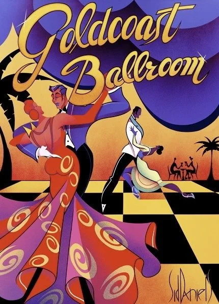 Vintage poster advertising the Goldcoast Ballroom, featuring two dancers in colorful attire, with a sunset scene and palm trees in the background.