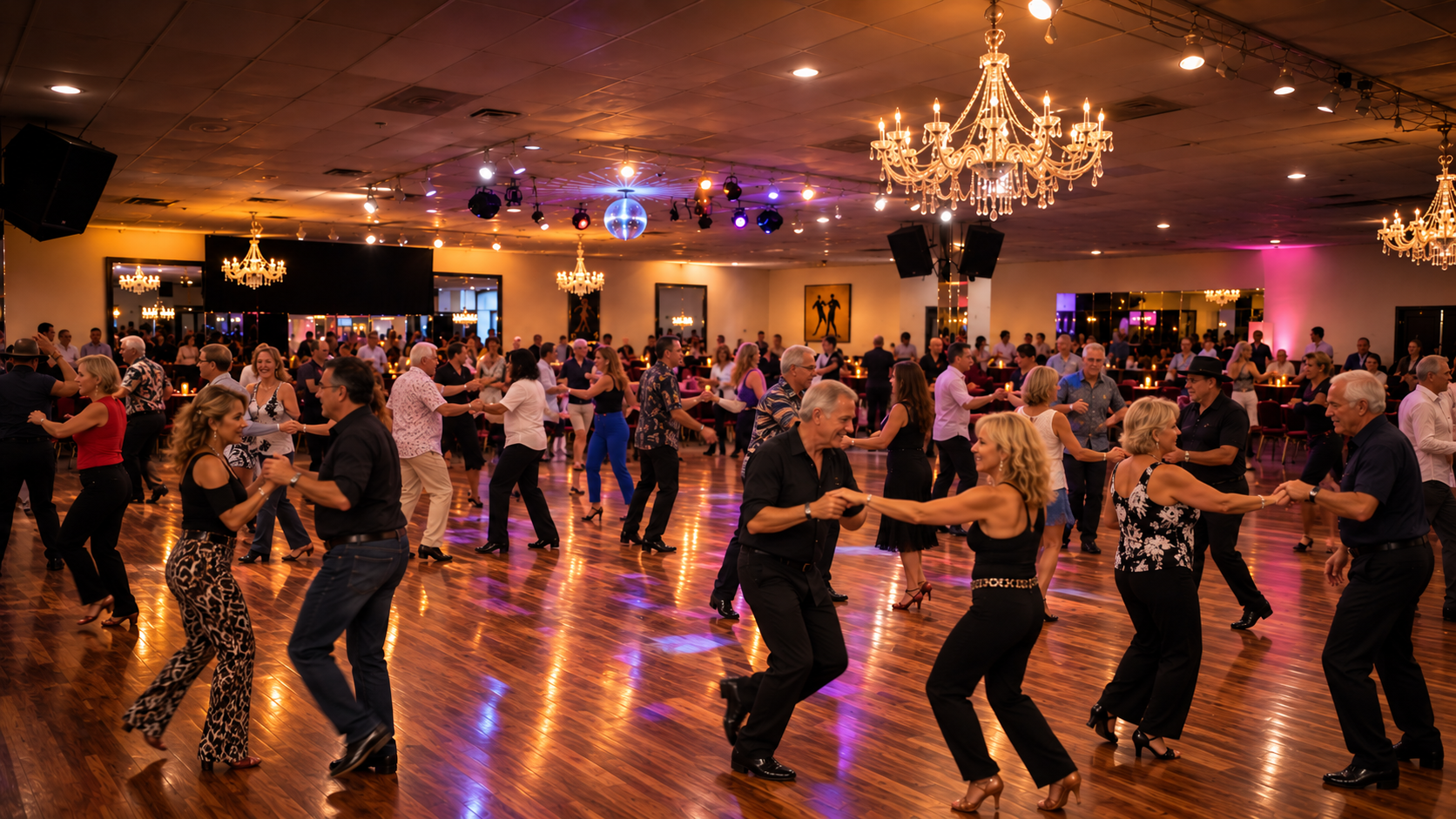 People dancing in a ballroom with chandeliers, wooden floor, and colorful ceiling lights at a lively dance event.