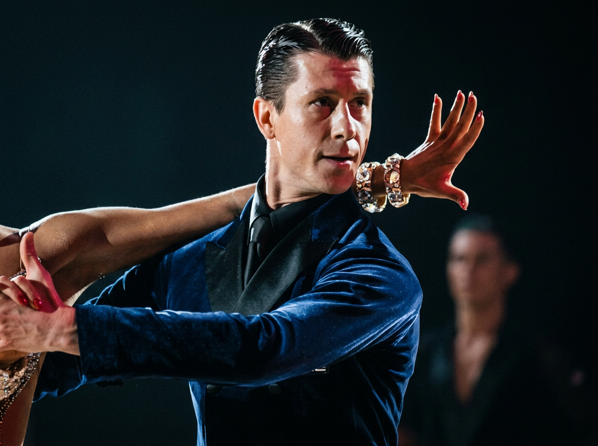 A man and woman dancing together, with the man wearing a blue velvet suit and the woman wearing jewelry, in a ballroom or dance setting.