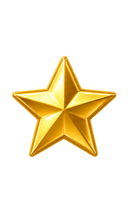 A shiny, gold, five-pointed star against a transparent background.