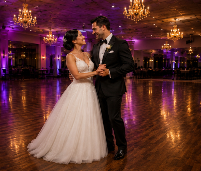 A bride and groom dancing together in a decorated ballroom with chandeliers and purple lighting.