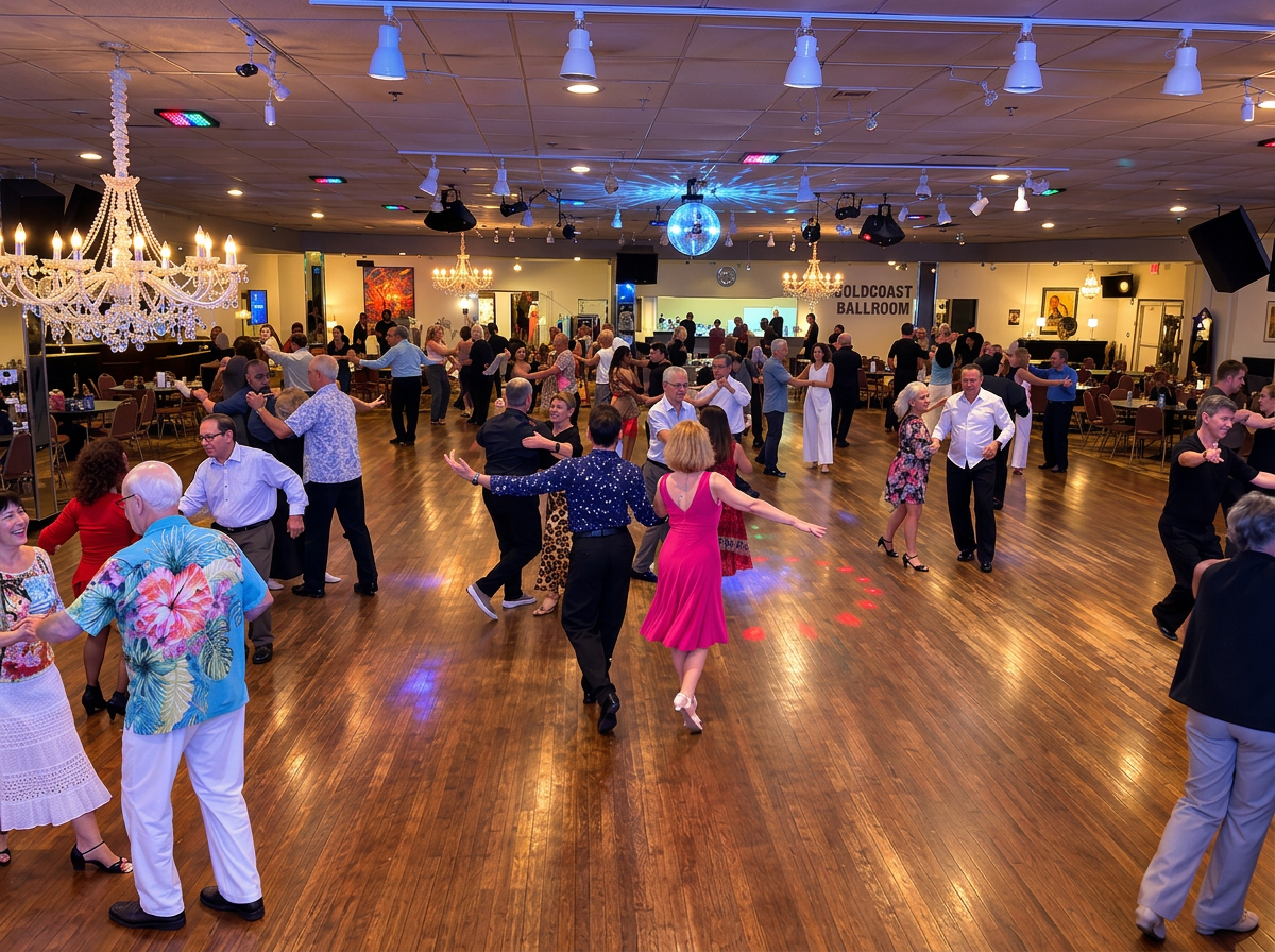 People dancing in a ballroom with chandeliers, a disco ball, and colorful lighting.