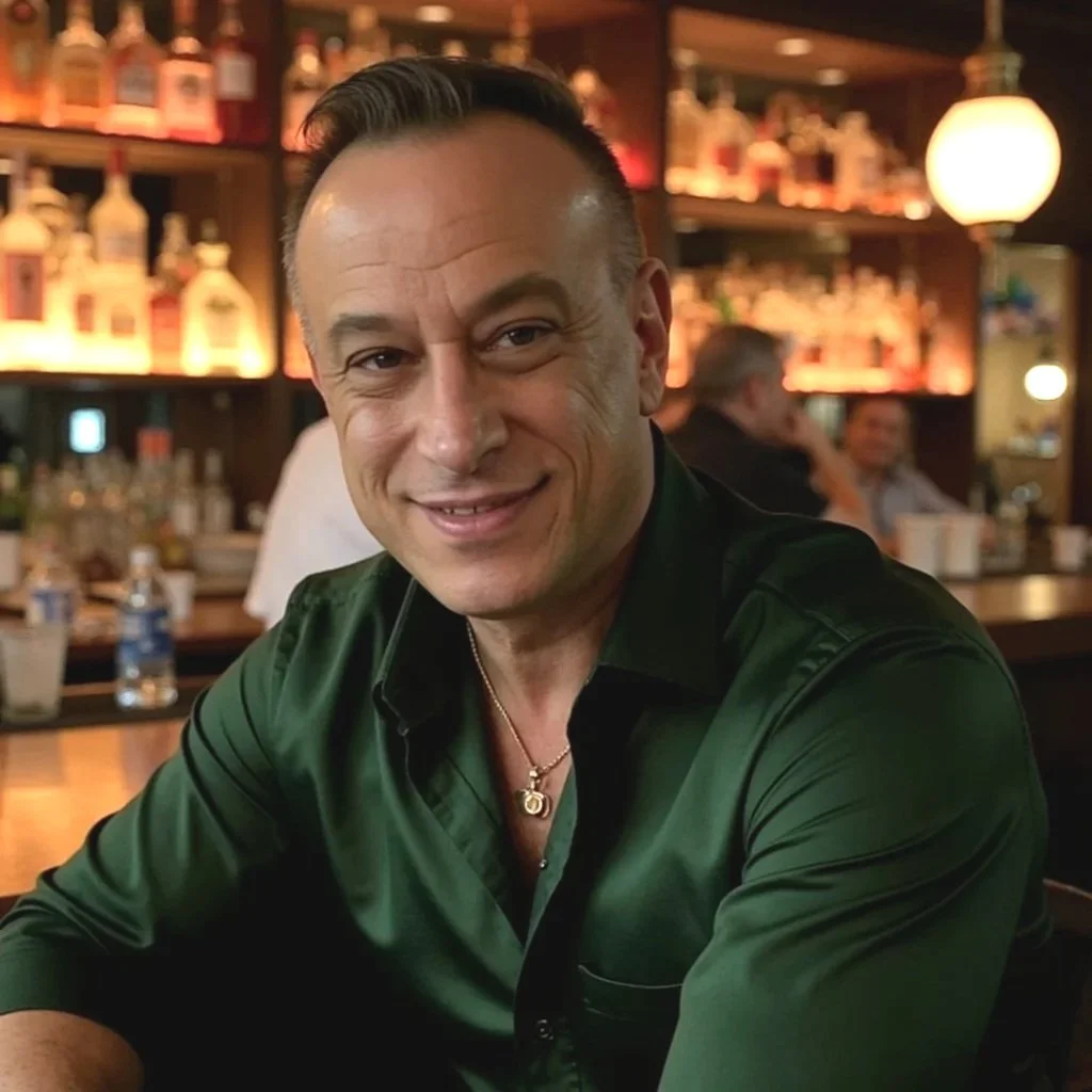 A man in a dark green shirt smiling at a bar or restaurant with bottles and other patrons in the background.