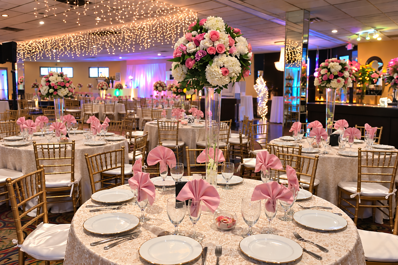 Elegant banquet hall decorated for a wedding or celebration, with round tables covered in cream-colored tablecloths, pink napkins folded on plates, tall floral centerpieces with pink and white flowers, gold chairs, string lights overhead, and a dance floor with blue lighting in the background.