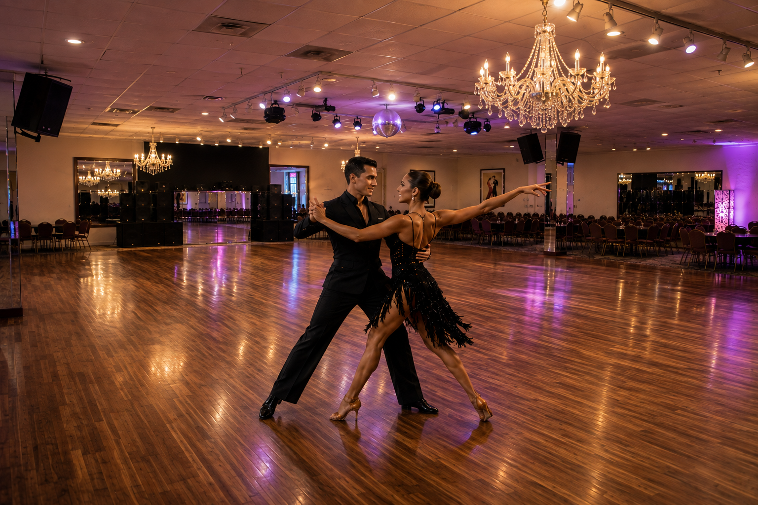 A couple dancing ballroom dance in a spacious, elegant ballroom with chandeliers, polished wooden floor, and purple lighting accents.