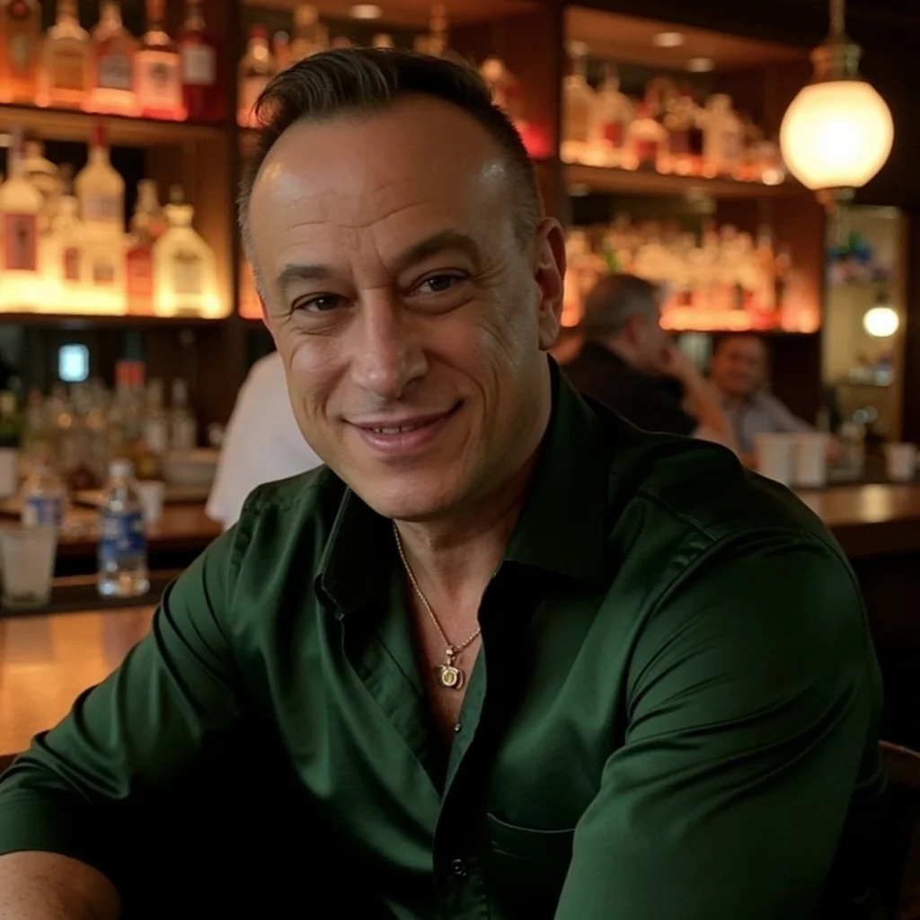 A smiling man with short dark hair, wearing a green shirt and a gold necklace, sitting at a bar with bottles of alcohol and glasses in the background.
