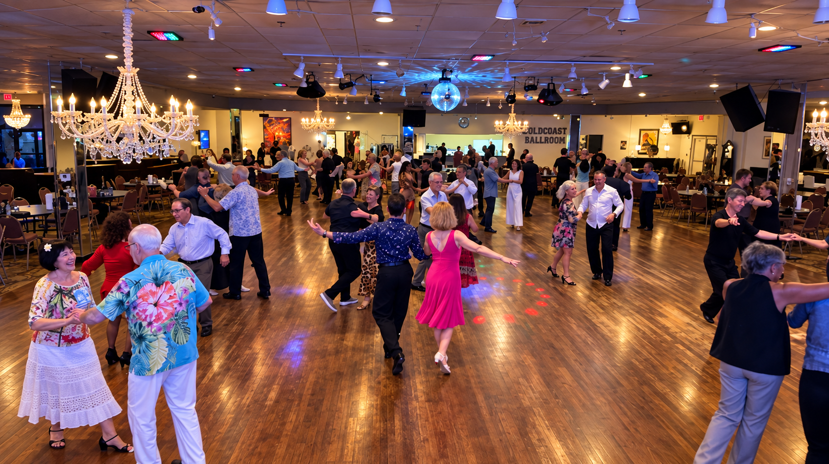People dancing in a ballroom decorated with chandeliers, with a large mirror ball hanging from the ceiling and a sign that reads 'Coldcoast Ballroom' in the background.