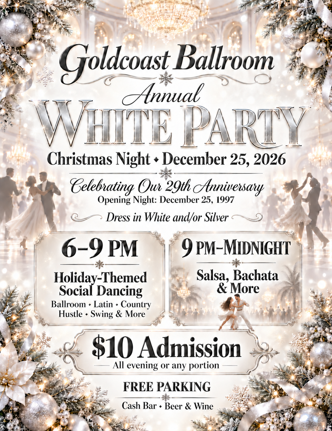 A festive holiday-themed flyer for the Goldcoast Ballroom's annual White Party on December 25, 2026, featuring elegant gold and silver decorations, dancers in formal attire, and event details.