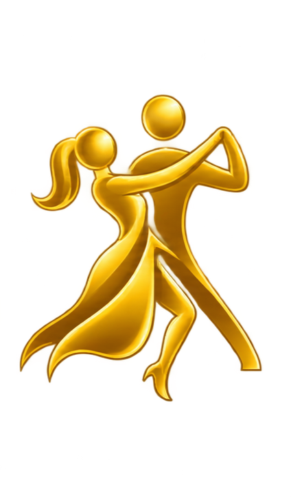 Gold-colored silhouette of a dancing couple, with the woman holding the man's shoulder and the man holding the woman's waist, dancing together.
