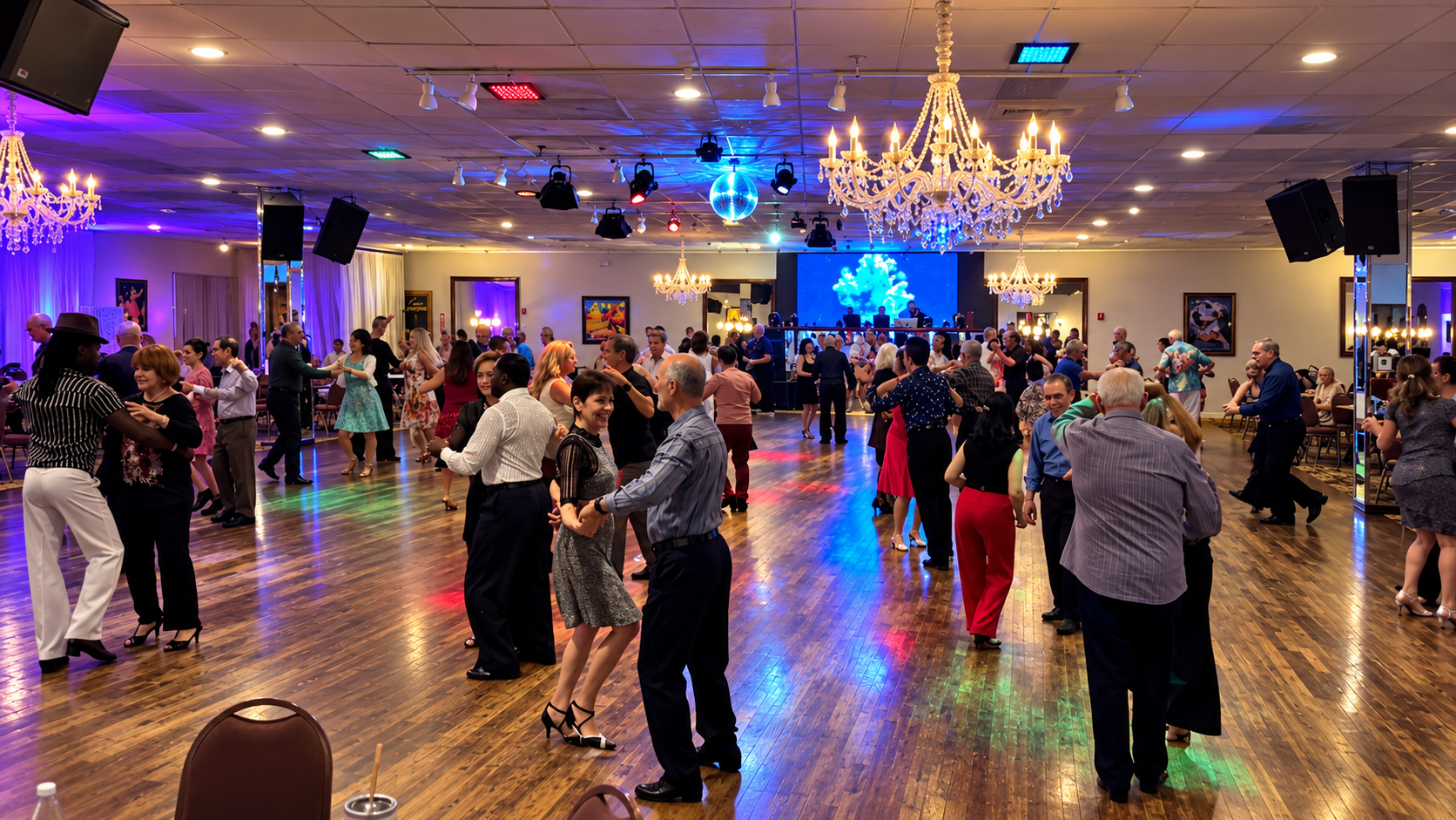 People dancing and socializing in a large, elegant ballroom with chandeliers and colorful lighting.