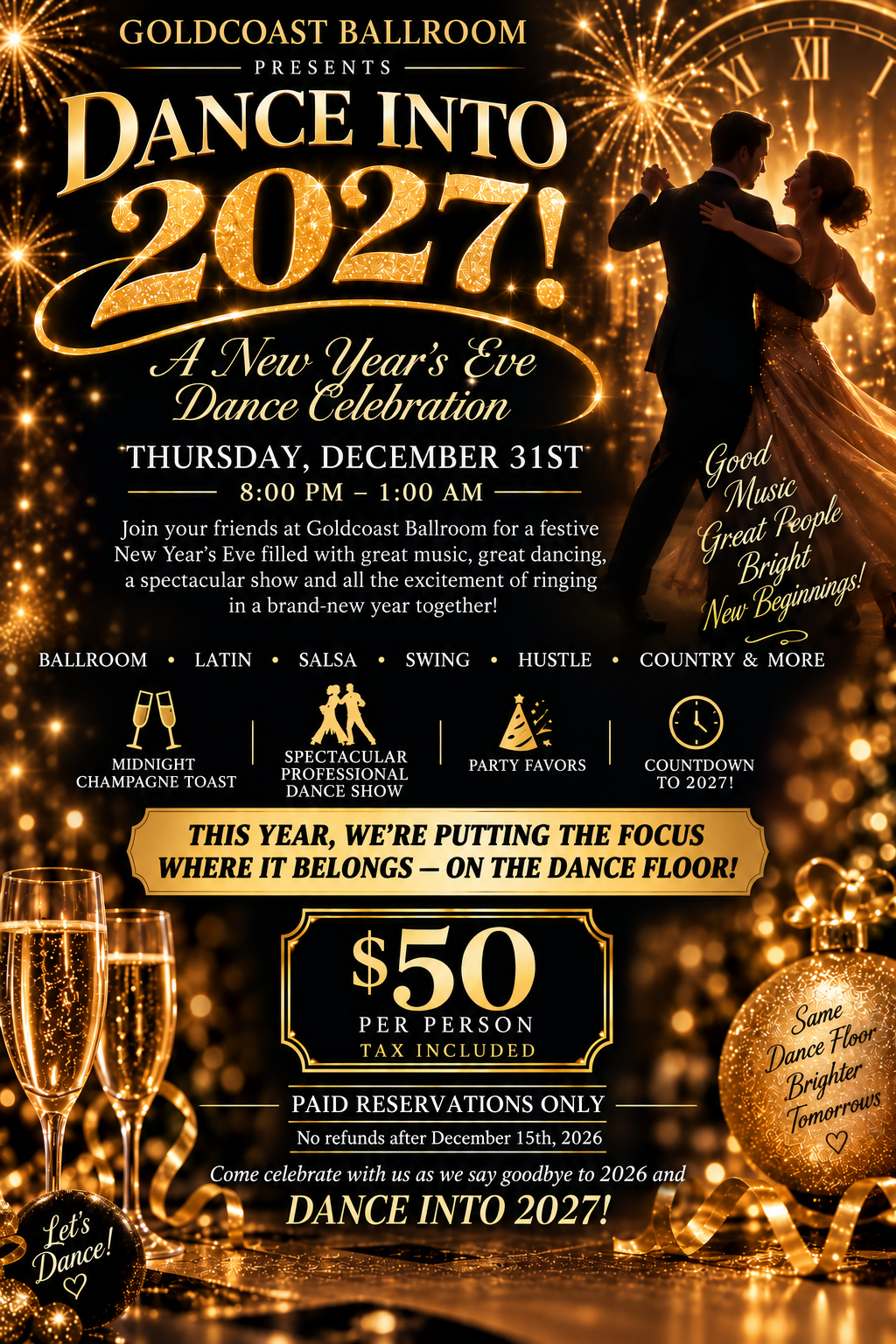Event poster for a New Year's Eve dance celebration at Goldcoast Ballroom, featuring a couple dancing, fireworks, and gold-themed decor. Details include date and time, music highlights, ticket price, and reservation information.