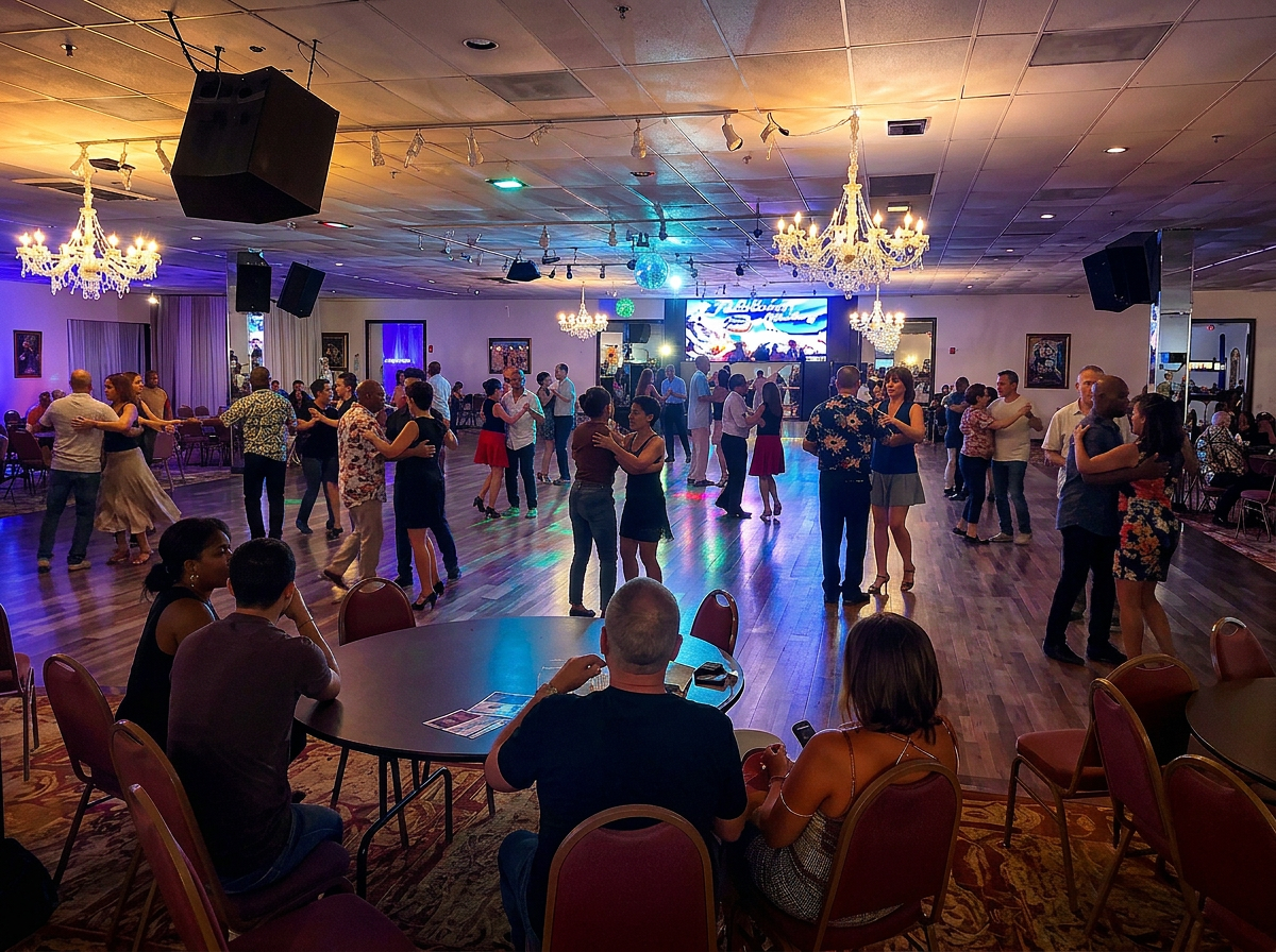 People dancing on a large wooden floor in a ballroom decorated with chandeliers. Some individuals are sitting at tables nearby, watching the dancers. There are colorful lights and a large screen at the back of the room.