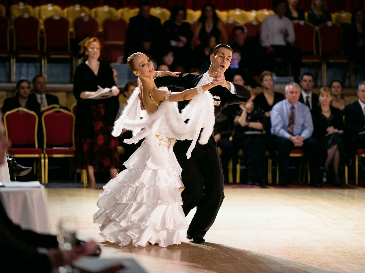 A couple performs a ballroom dance in evening wear, surrounded by an audience seated in rows, in a ballroom or dance competition setting.