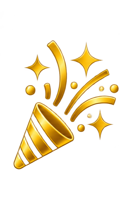 Golden party popper releasing confetti and sparkles against a black background.