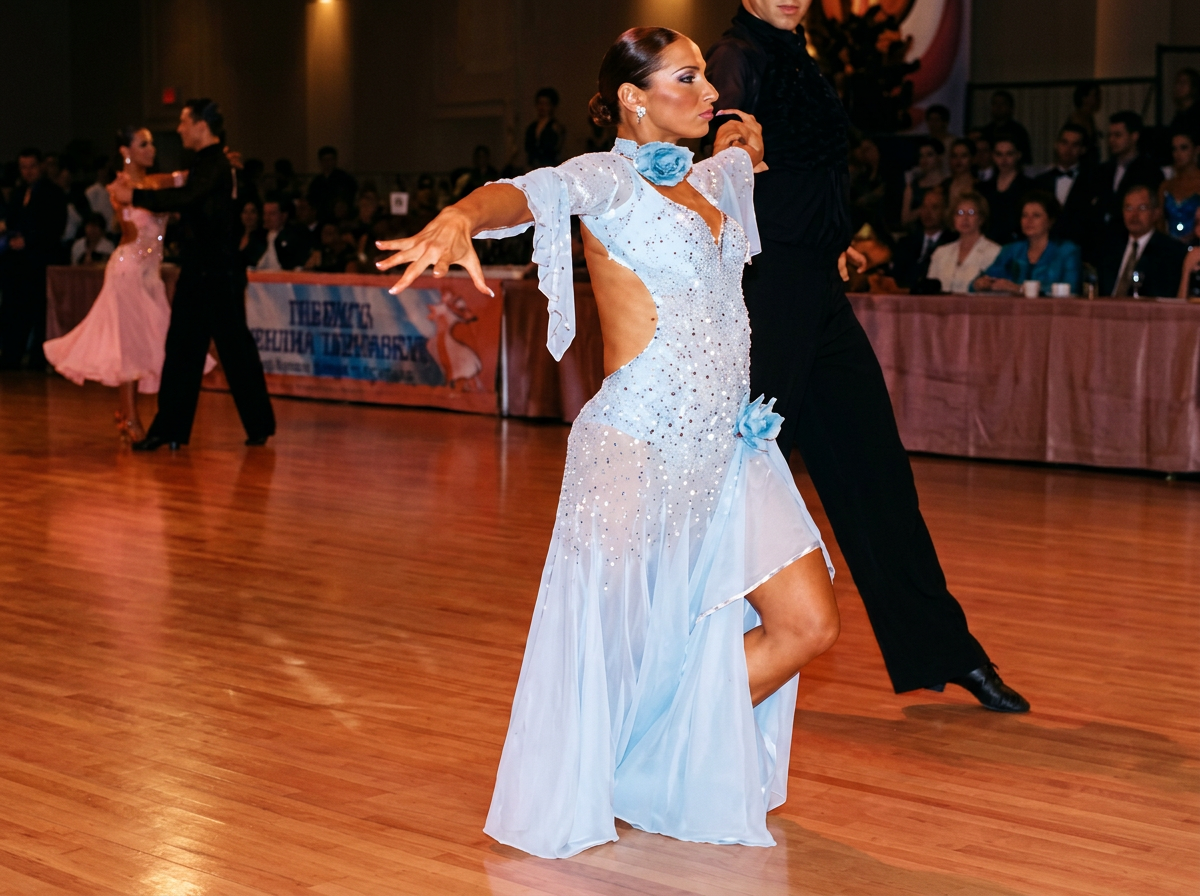 A woman in a shimmering blue and white ballroom dance dress performs a dance in a competition, with a male partner partially obscured behind her, on a wooden dance floor with an audience watching in the background.
