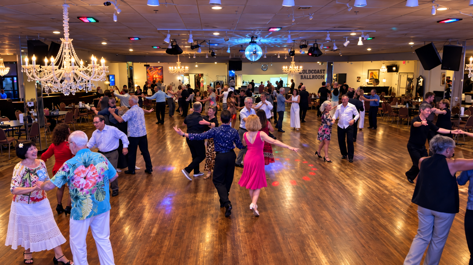 People dancing in a ballroom with wooden floors, chandeliers, and a disco ball, during a social dance event at the Cold Coast Ballroom.