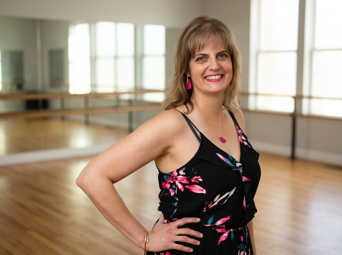 Woman in a dance studio posing with her hand on her hip, wearing a black floral dress and pink jewelry, smiling at the camera.