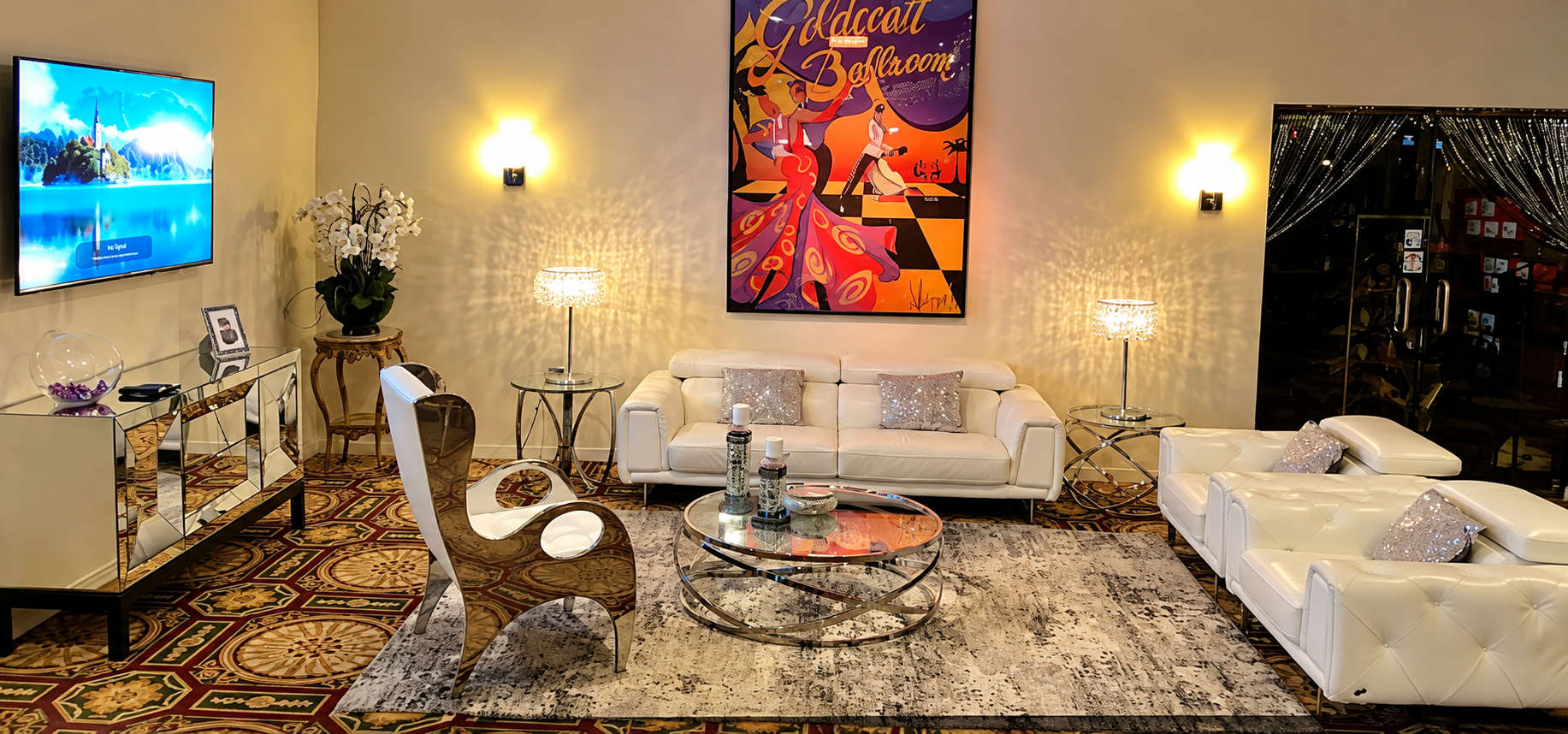 Living room with a white couch and two white armchairs, a glass coffee table with candles, two lamps, a large colorful poster titled 'Goldcat Ballroom', a flat-screen TV displaying a nature scene, a mirrored sideboard with a fishbowl, a vase with white flowers, and decorative pillows on the seating, all on a patterned carpet.